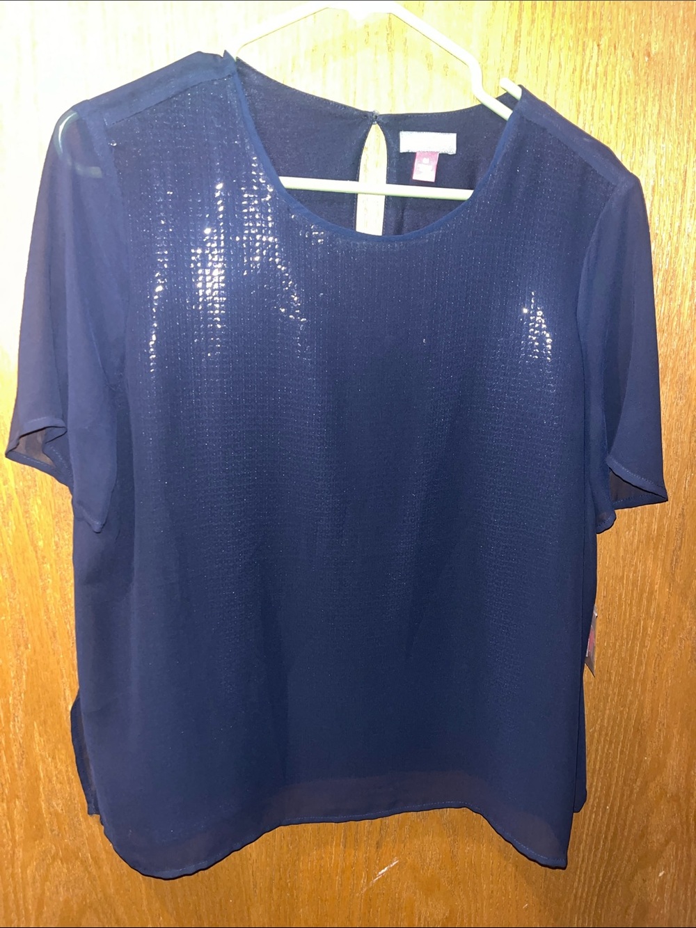 Vince Camuto Navy Short-Sleeve Sequin Front Blouse